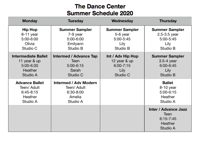 Summer Class Schedule - The Dance Center