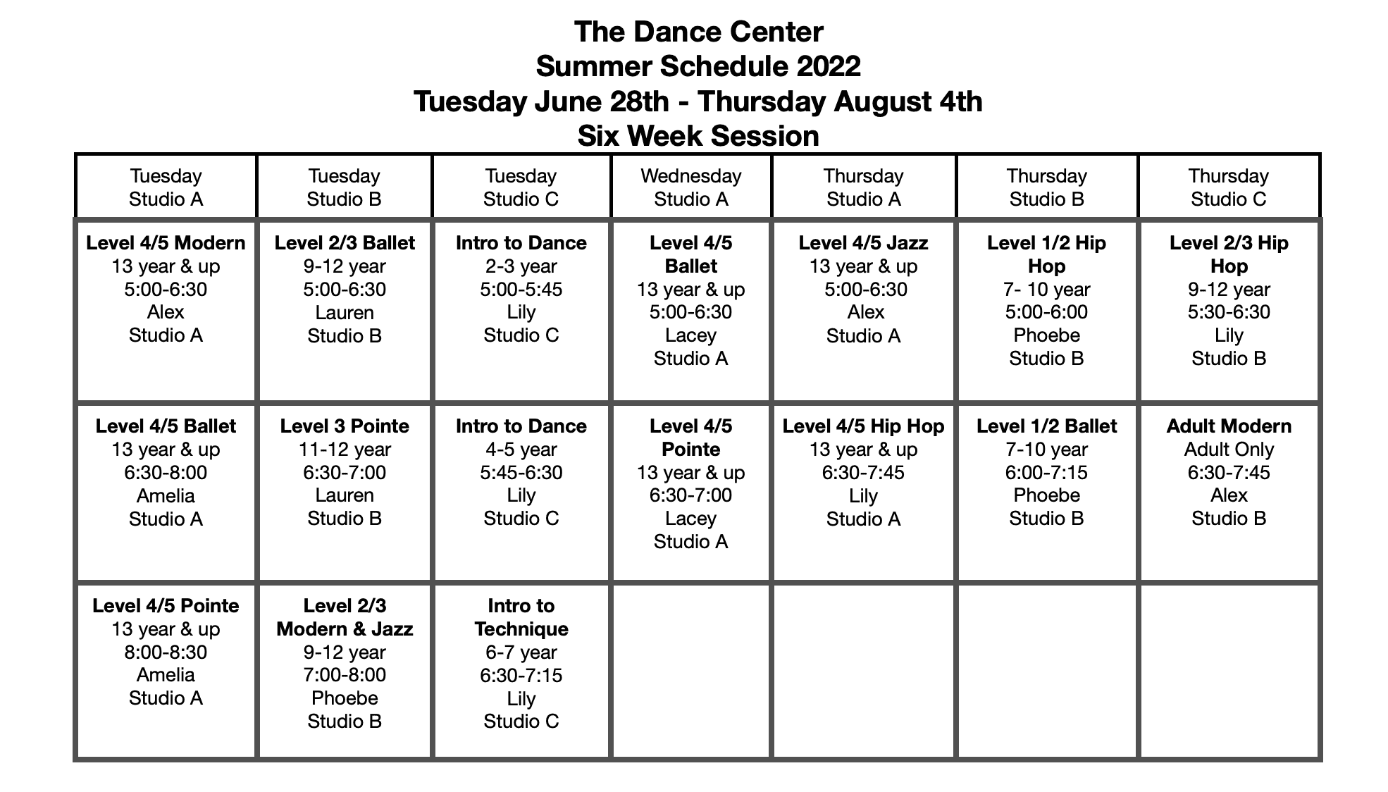 Summer Class Schedule The Dance Center