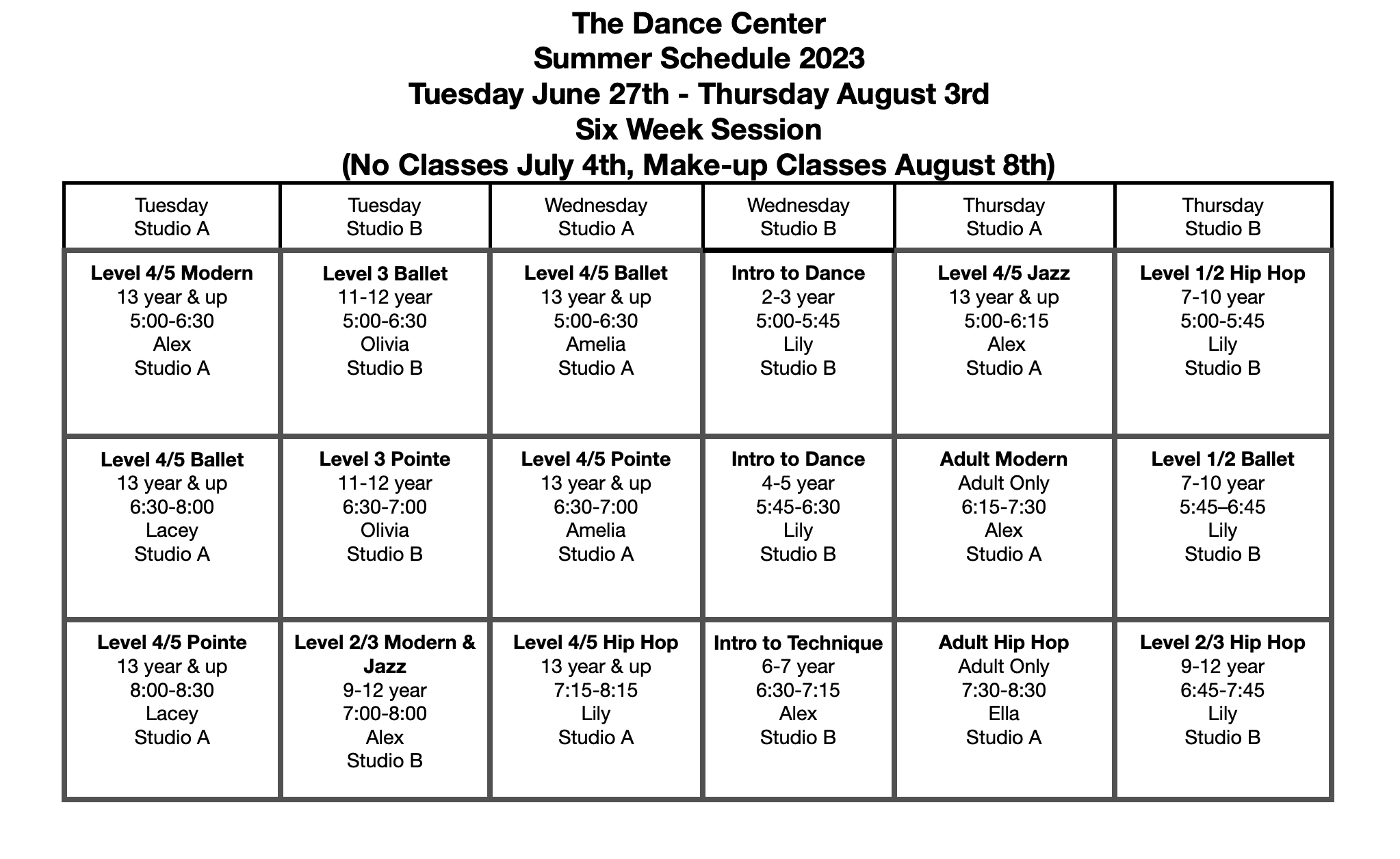 Summer Class Schedule The Dance Center