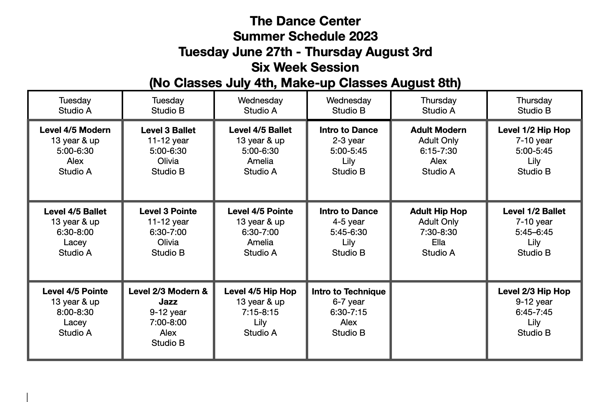 Summer Class Schedule The Dance Center